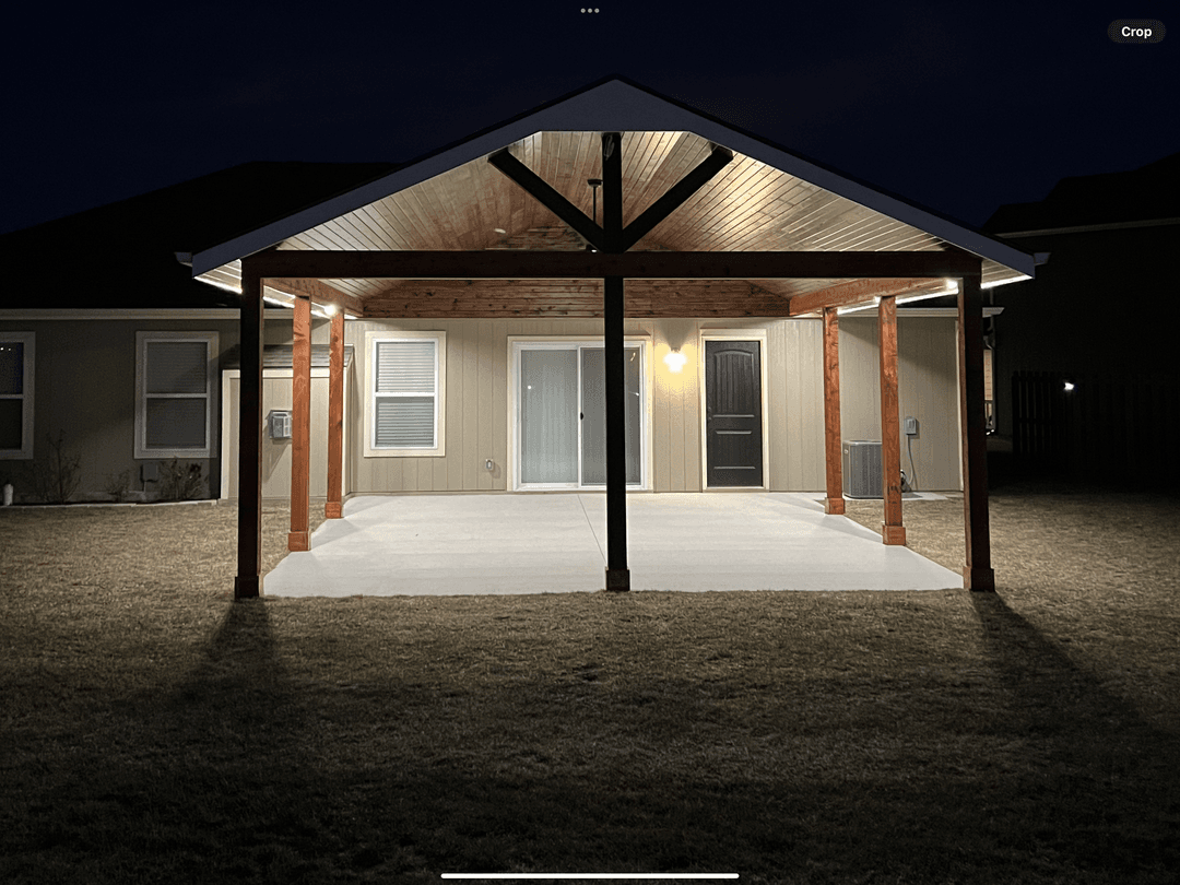 Roof Built over a slab of concrete with lighting around the ceiling frame